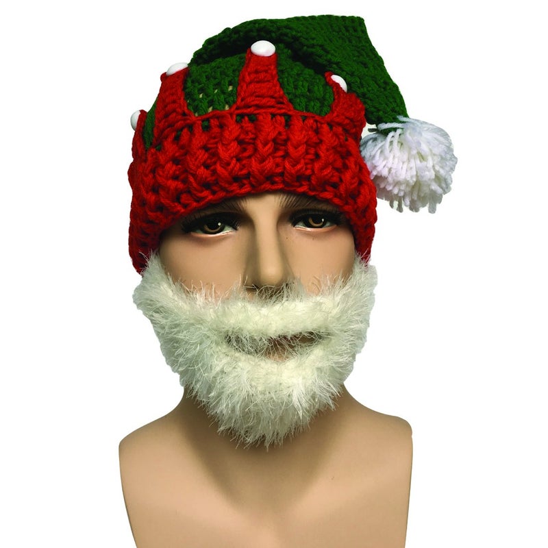 Kafeimali Unisex Christmas Winter Knitted Crochet Beanie Santa Hat with Beard Foldaway Bearded Caps (Red) - Image 2